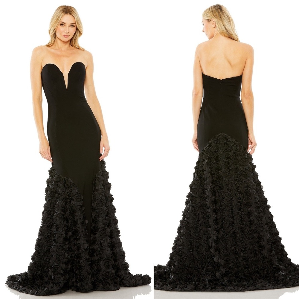 Mac Duggal NEW Black Jersey Mermaid Gown with 3D Rose Train $998 Women's Size 6
